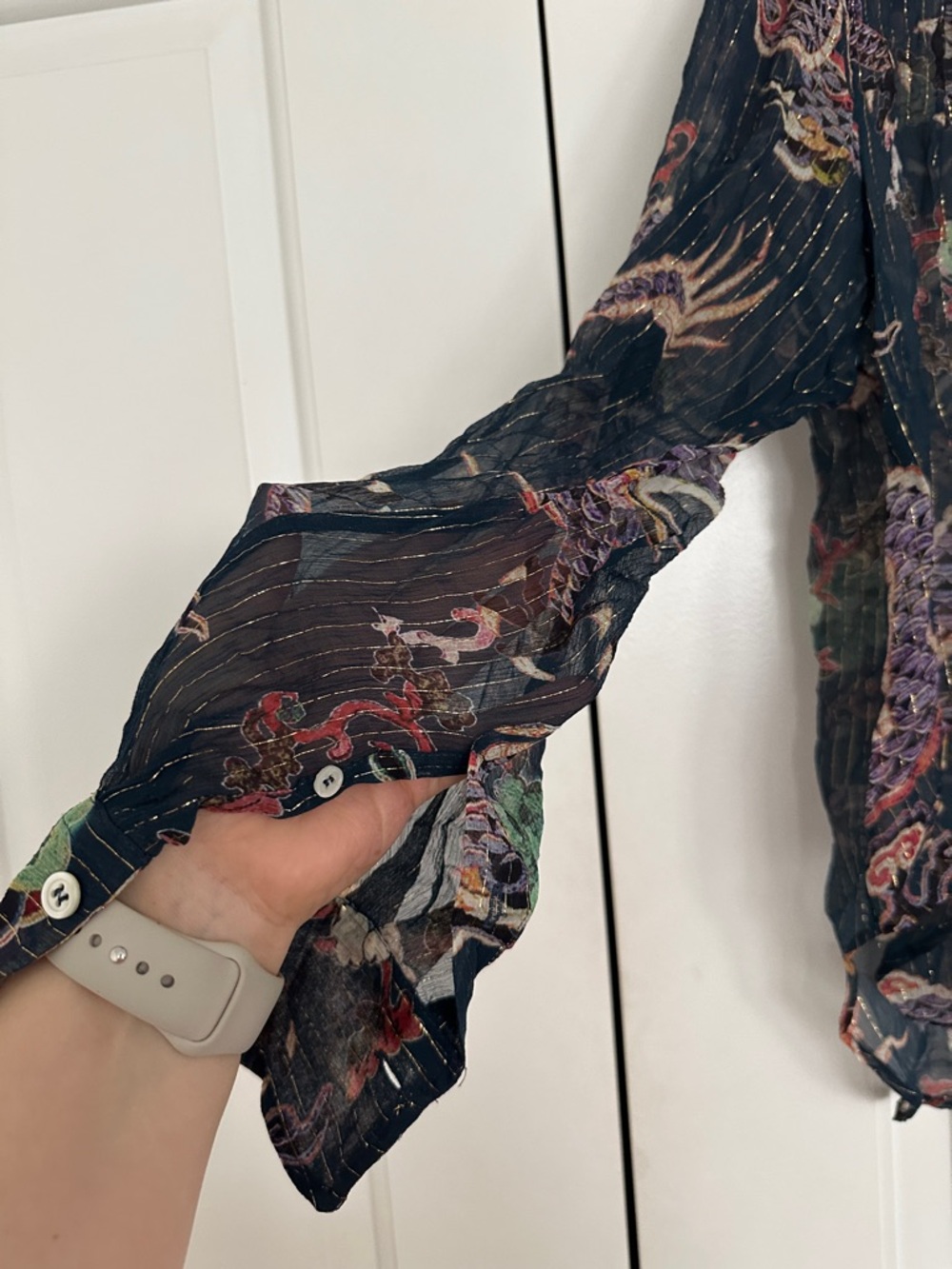 Isabel Marant Daws Dragon Print Silk Blend Shirt Sheer Metallic Stripe Blouse - Picture 2 of 6